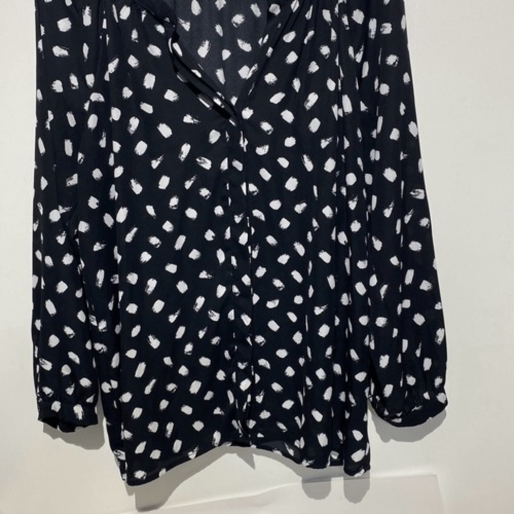 Gibson Womens Black White Brushstroke‎ Polka Dot Split V-Neck Blouse Large - Picture 2 of 12